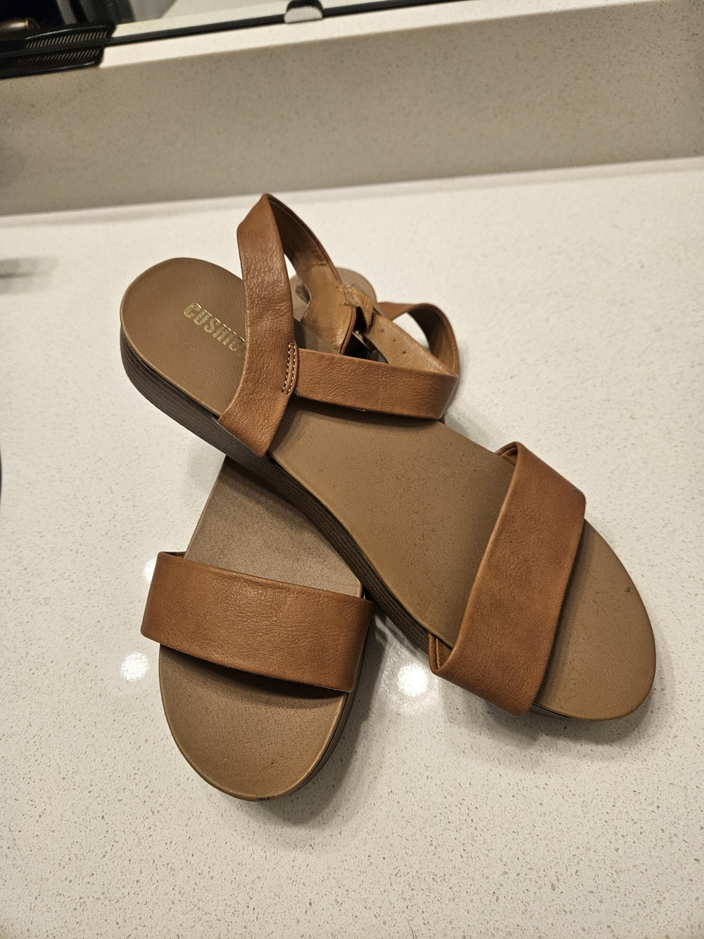 Women's Cognac Two-Strap Slide Sandals with Cross Ankle Strap